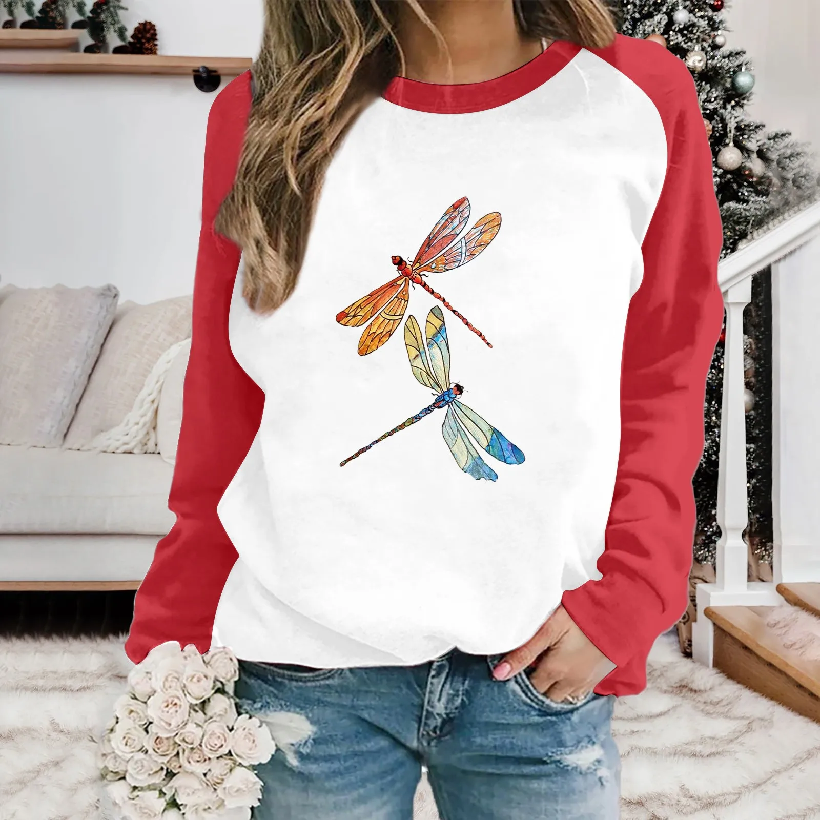 

Women’S Sweatshirt Oversized Streetwear O-Neck Hoodless Sweatshirts Tops Dragonfly Print Long Sleeve Pullover Teen Fall Sweatshi