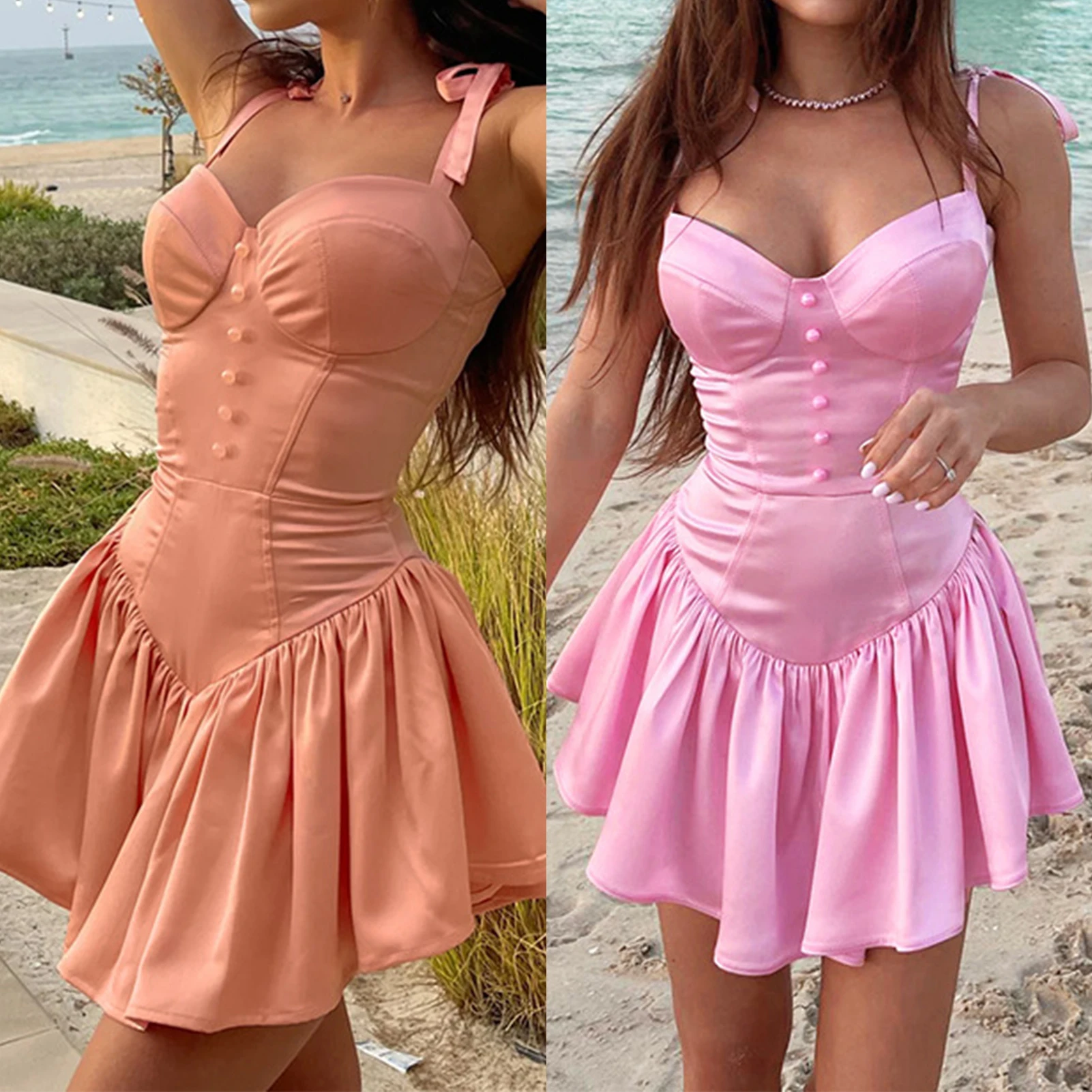 

Women Sleeveless Mini Dresses Slim Waist Strap Suspender Show Chest Bodycon Dress Sexy Lace Up Ruched Dress Vestidos Slim 2023