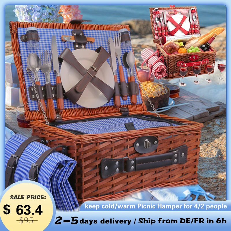 

Picnic Basket Panier Osier Picnic Hamper 25 pcs For 4People Picnic Suitcase Set Cutlery Ice Bag Organizers Wicker Baskets Decor