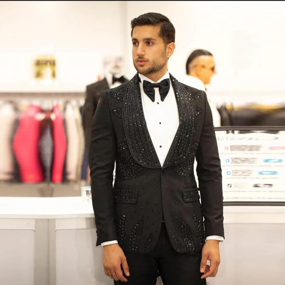 Блестящие мужские однобортные костюмы с бриллиантами и бисером 3-х предметные