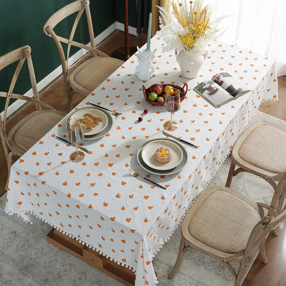 

Rectangular Tablecloth French Orange Printed White Dots Jacquard Cotton Wedding Dinning Table Decoration Elegant Table Cloths