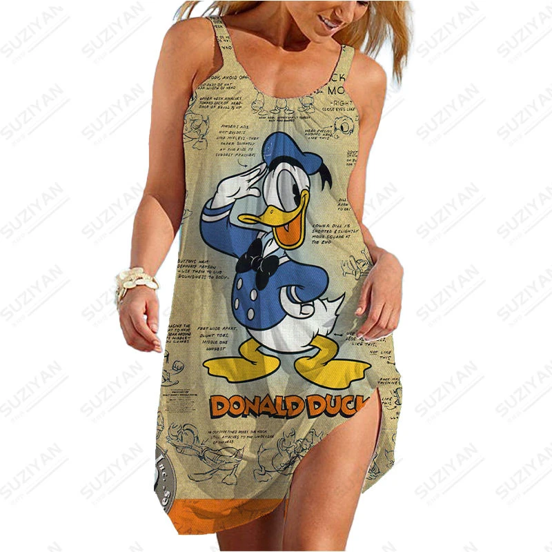 

New Korean Donald Duck Cartoon Print Sexy Strap Casual Party Best-selling Women's Dress 2023 Fashion