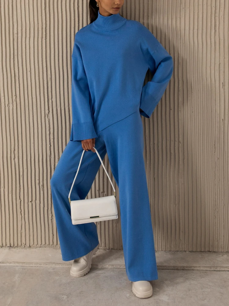 Mozuleva Knitted Pant Sets Women Irregular Turtleneck Sweater Outfit Autumn Winter 2 Piece Sets High Waist Wide Leg Pant Suit