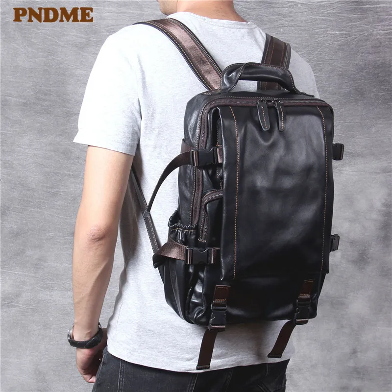 Casual travel genuine leather men's backpack fashion handmade wild natural real cowhide women outdoor daily black laptop bagpack