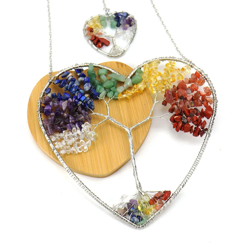 Handmade Copper wire wrap Natural Crystal Double hearted tree of life Ornament Room Door Window Decoration Car Interior Hanging