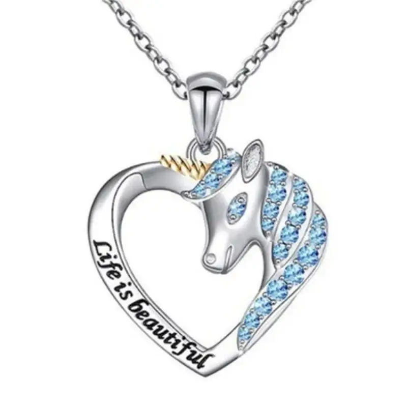 

Temperament Cute Unicorn Pegasus Lady Necklace Two-Tone Heart-Shaped Pony Pendant Trendy Accessories Anniversary Gifts for Women