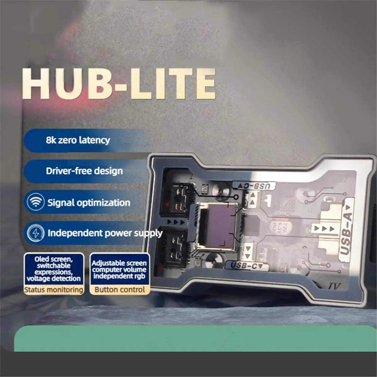 Фото Мега-распродажа 618: HMLAB HUB Lite — игровой USB-хаб с 2-3 портами, высокоскоростной (8K Hz), OLED-дисплей с кнопочным управлен №1