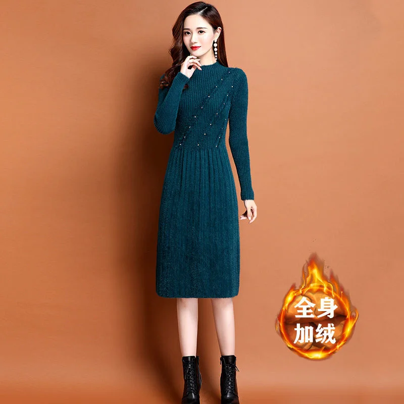 

Autumn Winter Female New Mid-Length Knee-Length Sweater Knitted Dres Add Velvet Padded Women Imitation Mink Wool With Coat Dress