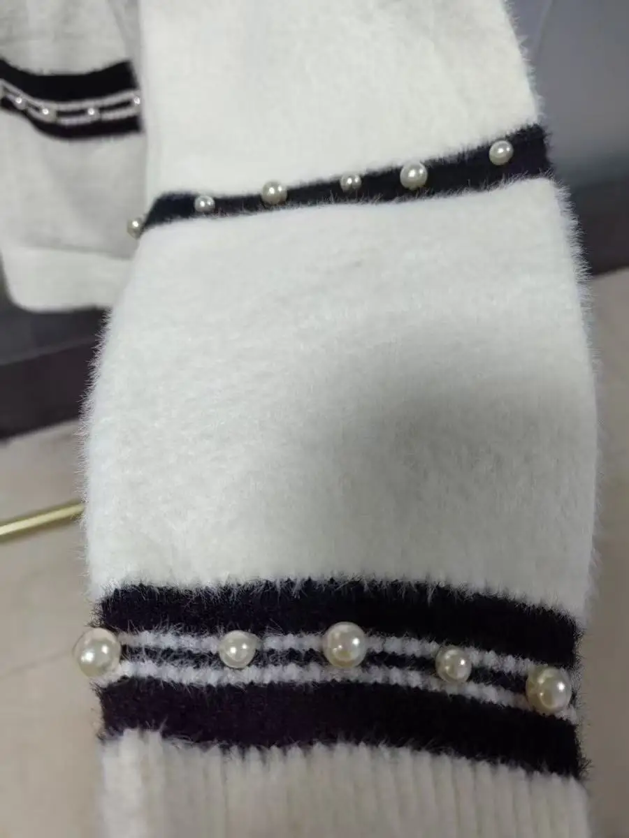 Настоящее фото роскошный стиль жемчуг бисер стежка трикотаж толстый кардиган