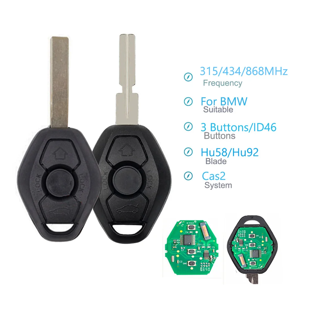 Remote Key shell For BMW X3 X5 3/5 7 Series Cas2 System 15/433/868 Mhz ID46-7953 Chip HU58 HU92 Blade 3 Button Free shipping