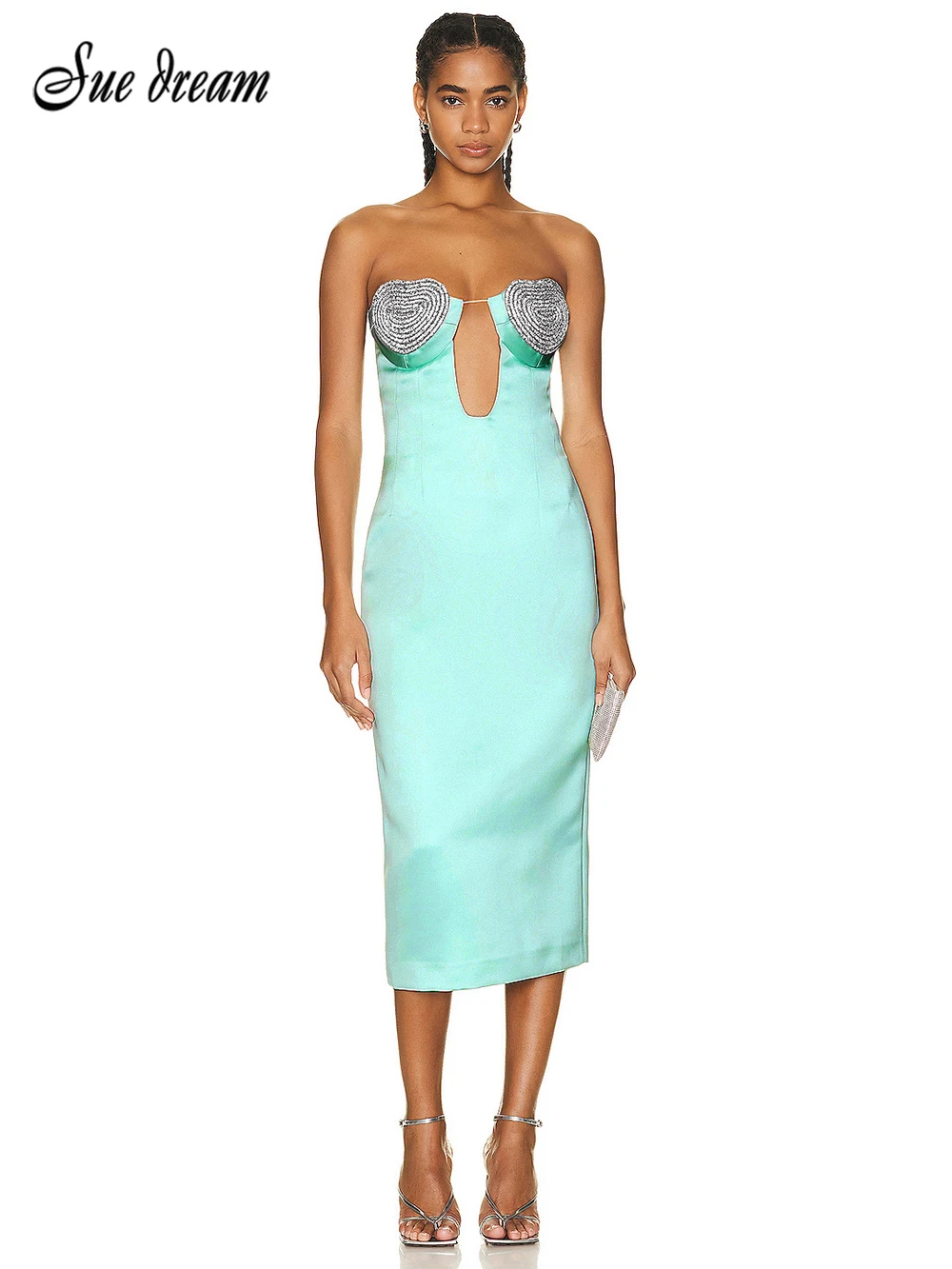 

2023 летнее женское сексуальное платье небесно-голубого цвета с бриллиантами, без бретелек, Бандажное Обтягивающее Платье-миди, Клубное вечерние, вечернее платье