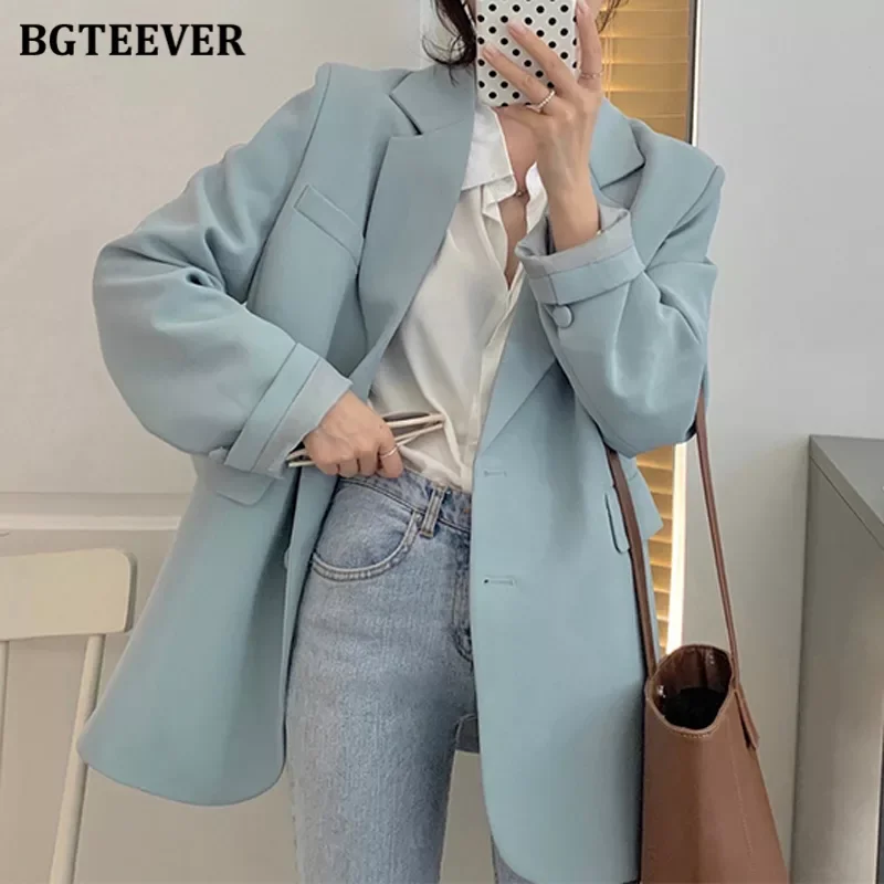 

BGTEEVER New Spring Autumn Loose Women Jacket Blazer Casual Notched Collar Long Sleeve Female Jackets 2021 Ladies Suit Coats
