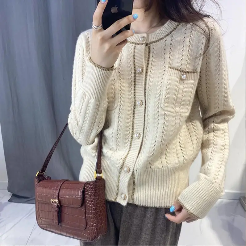 

Vintage Twisted Cardigan Sweaters Pearl Button Knitted Cardigan Sweaters Coat Casual for Women Front Pocket O-neck Winter T88