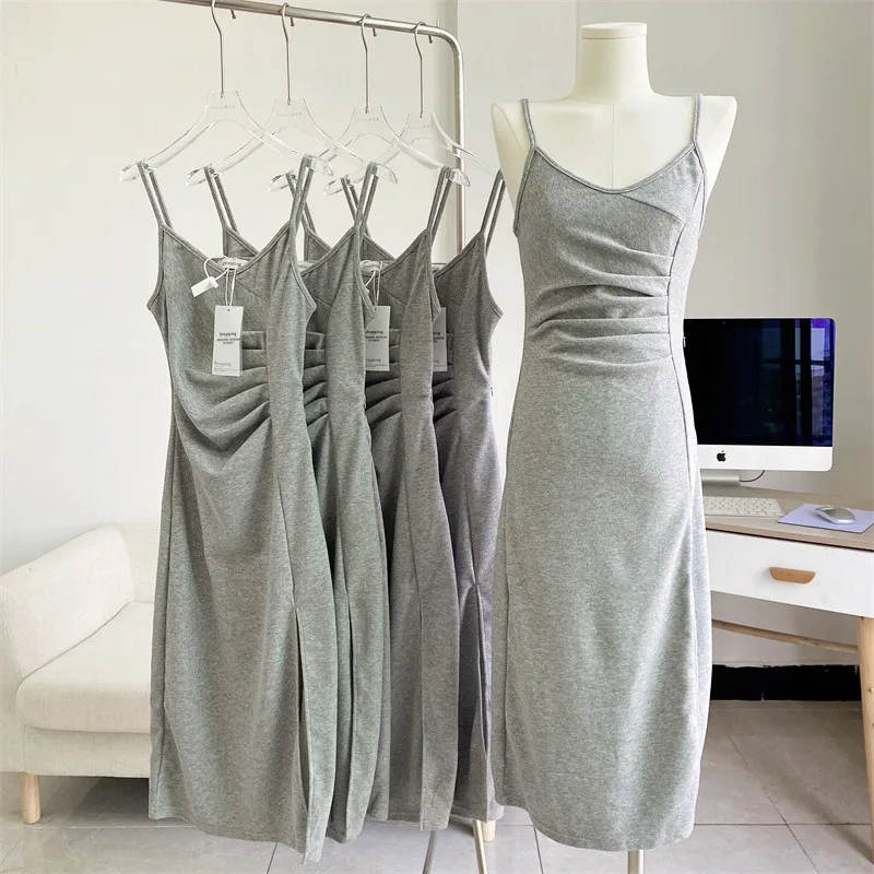

New Women Solid Color Corset Ruched Midi Dress Summer Spaghetti Strap Sexy Bodycon Elegant Slim Soft One Piece Clothes Vestidos