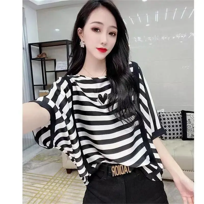 Женская винтажная блузка в полоску пуловер оверсайз с рукавами летучая мышь и