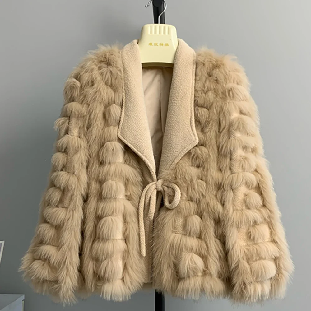 Real Fox Fur Coat Women 2022 Autumn Winter Knitted Thick Warm New Fashion Belt Cardigan Jacket blended Turn Down Collar