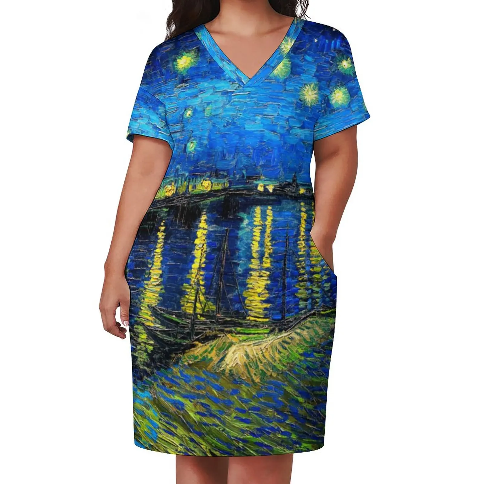 

Van Gogh Casual Dress Female Starry Night Over The Rhone Elegant Dresses Summer V Neck Aesthetic Custom Dress Big Size