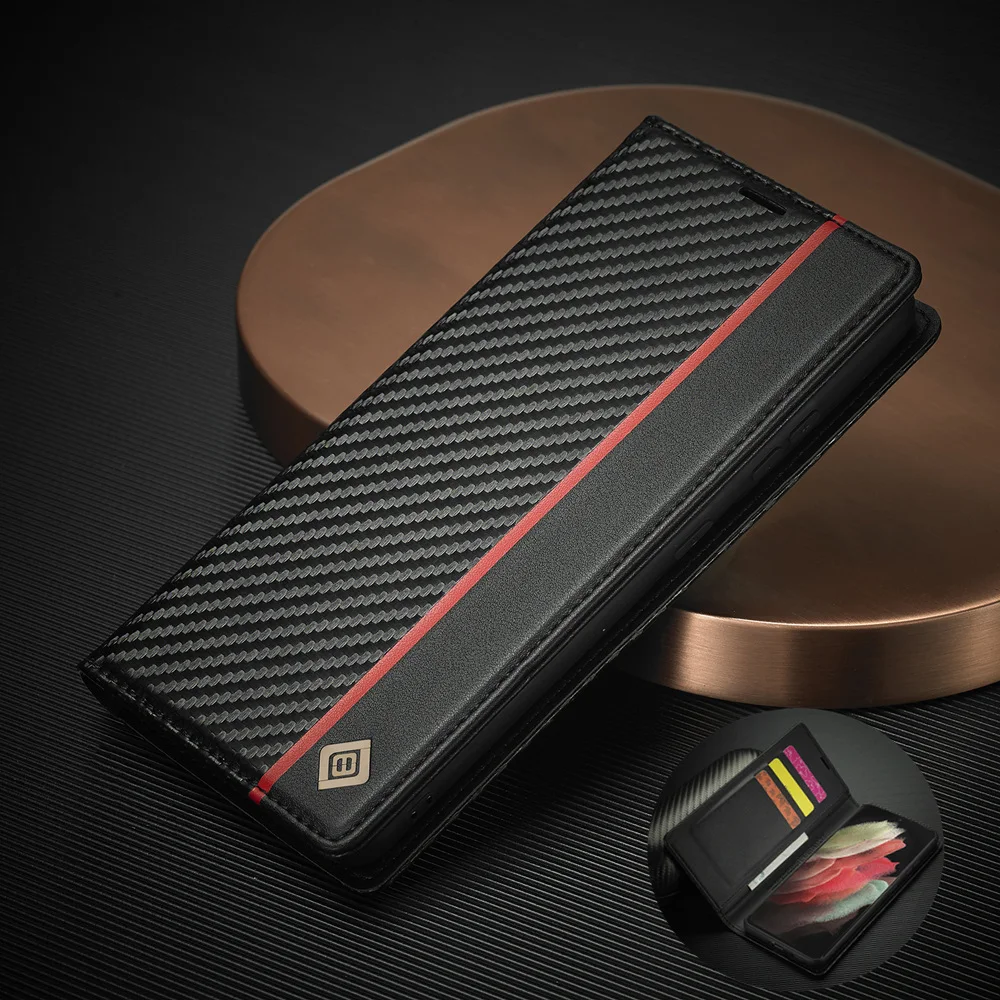 

Carbon Fiber Leather Case for Samsung S22 S21 Ultra S20 FE A13 A33 A53 A12 A22 A32 A52 A72 Business Flip Cover Card Slot Wallet