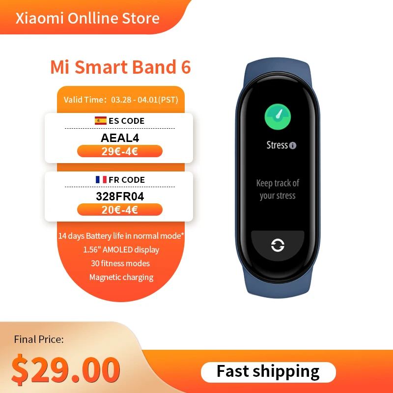 

【ITSFRIDAY200 -200RUB】 Фитнес Т-браслет Xiaomi Mi Band 6, фитнес трекер с AMOLED экраном 5 цветов, с функения ения рода в крови, с поддер