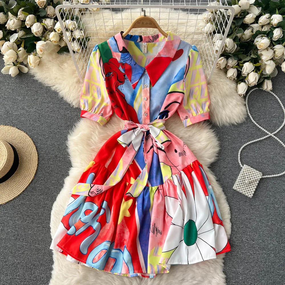 

Женское праздничное платье-рубашка с отложным воротником, коротким рукавом и мультяшным принтом, Корейская одежда, E825, лето 2022