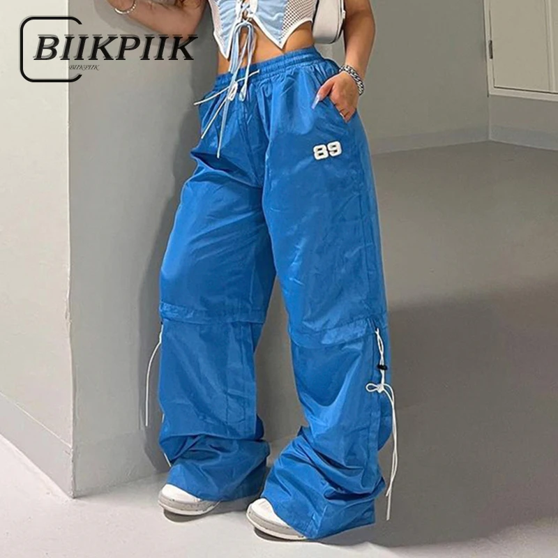

BIIKPIIK Women Loose Blue Pants Fashion Casual Elastic 2023 New Oversized Straight Trousers Hippie Low Rise Drawstring Clothing