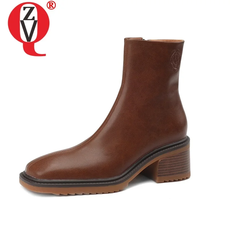 

ZVQ Real Leather Booties Winter New Style Good Quality Square High Heels Brand Fashion Shoes Side Zipper Ankle Boots Ladies