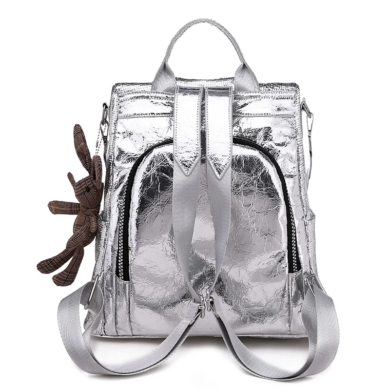 2022 New Casual Women Backpacks PU Leather Anti-Theft Black Backpack Girls School Shoulder Bag with Bear Black/Silver