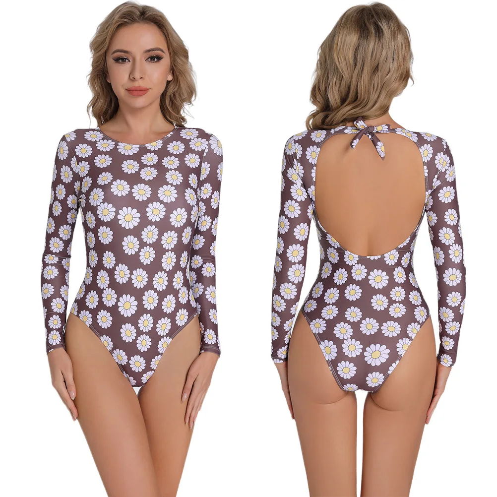 Summer Backless Swimsuit Women's Sports Long Sleeved Swimsuit Printed Sunscreen Surfer Swimsuit Women