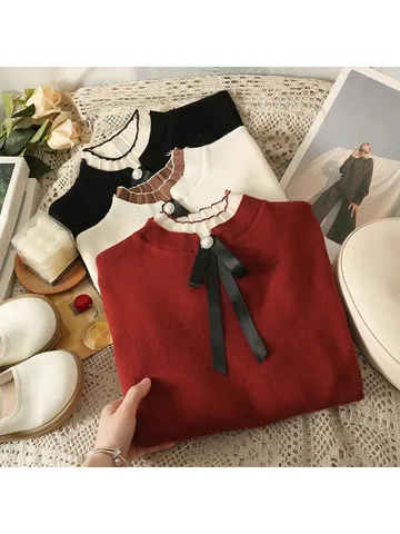 Neploe пуловеры с полувысоким воротником и бантом, модные топы с низом, женские топы Y2k, искусственный свитер из двух предметов с длинными рукавами Mujer