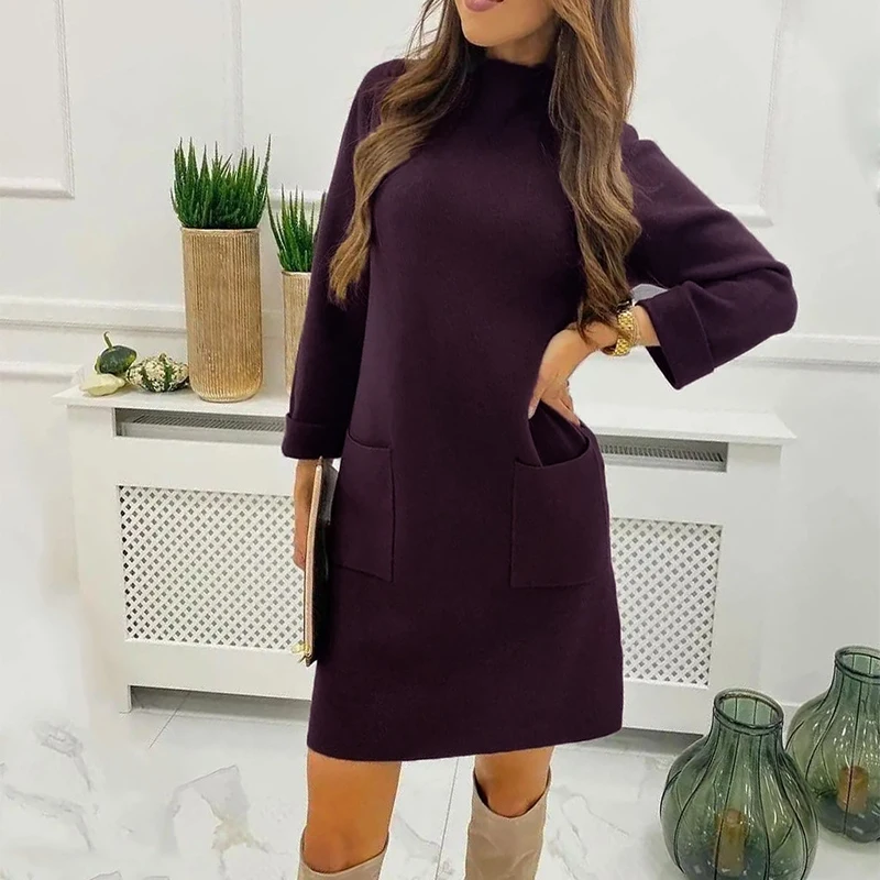

Basic Lady Dresses Robe Mujer Pockets Streetwear Woolen Casual Loose Women Dress Female Turtleneck Straight Green Autumn G3260