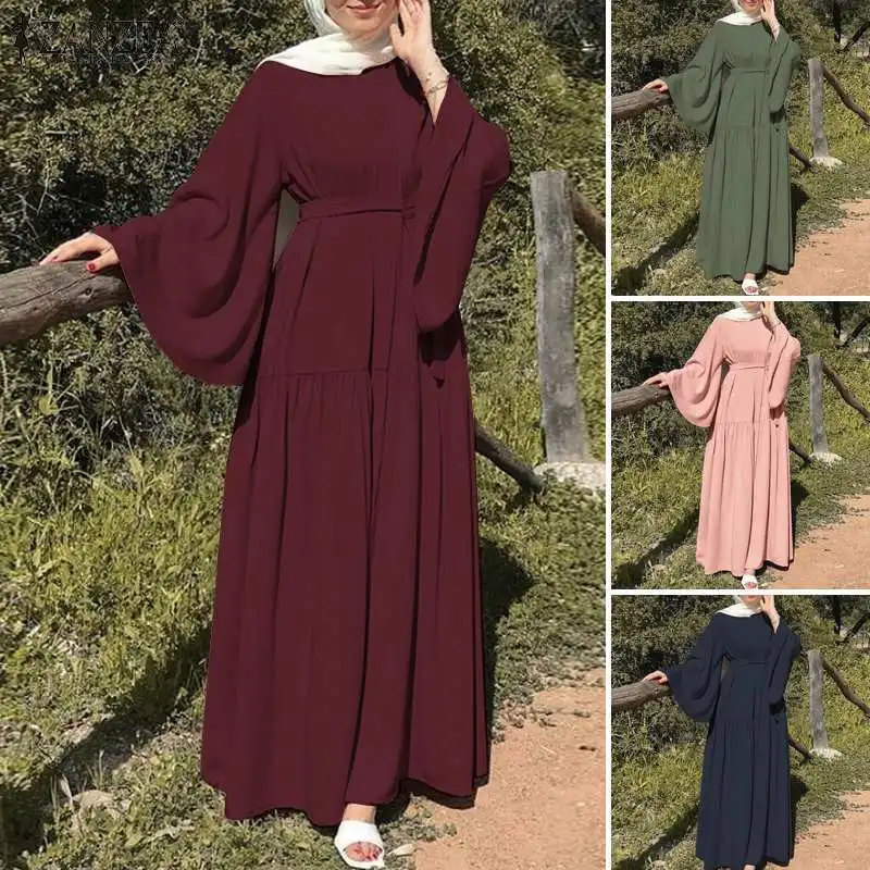 

Spring Solid Color Dress Elegant Casual Vacation Robe Fashion Round Neck Large Hem Long Sleeve Muslim Temperament Commuter Style