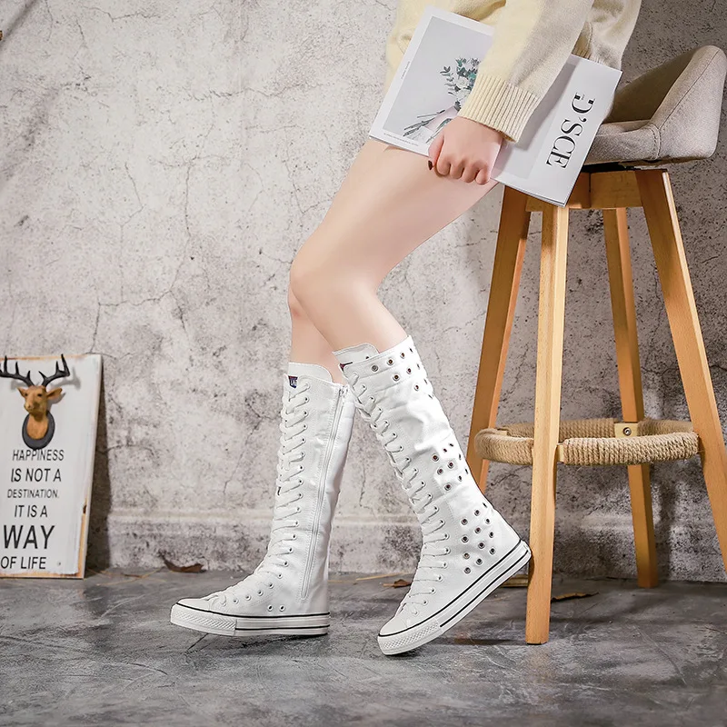

Handmade custom rivet long tube shoes comfortable and versatile casual lace-up shoes side zipper super high top 35-43