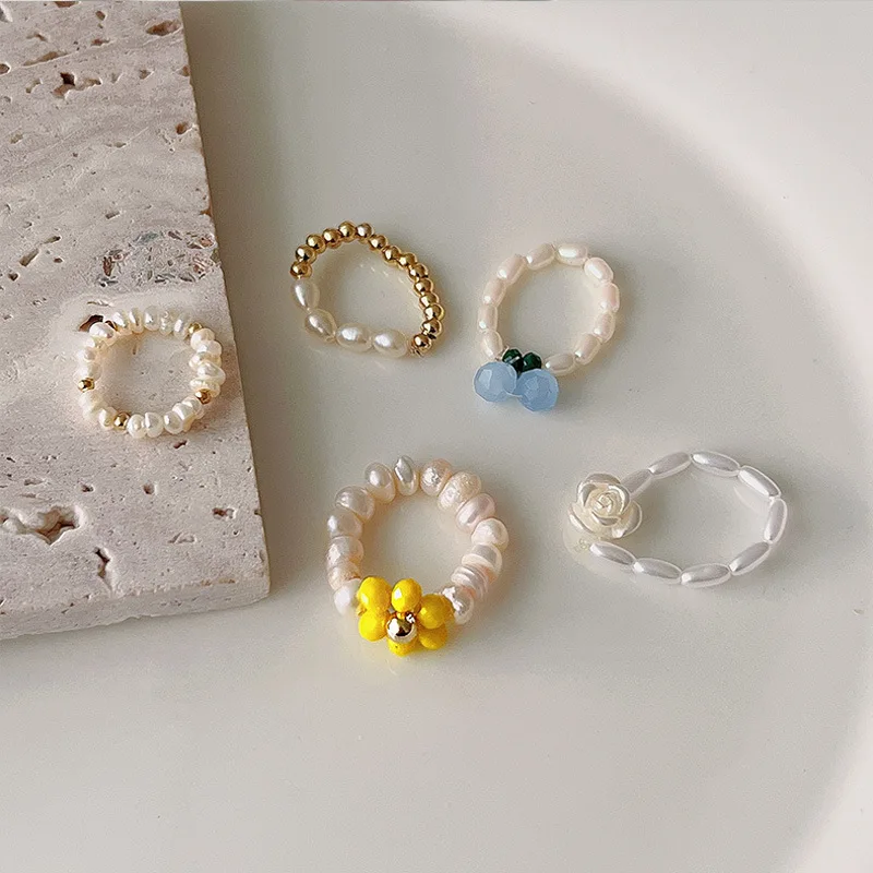 

Minar Classic Multi Designs Natural Freshwater Pearl Beaded Rings for Women Flower Beads Fruit Braid Charm Rings Accessories