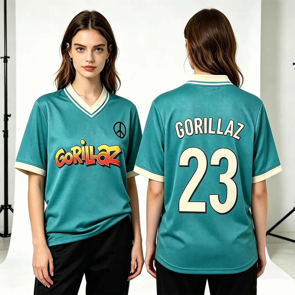 Фото Футболка Gorillazs FC Soocer Jersey Albums The Mountain Mesh, женская и мужская, свободного кроя, повседневная, дышащая, с V-образным вырезом, с коротким рукавом №2