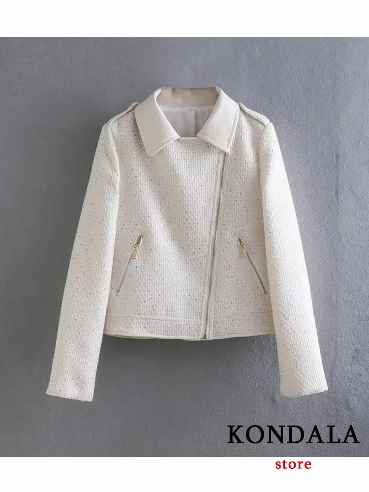 

KONDALA Vintage Solid Luxury Short Women Jacket Long Sleeve Zipper Asymmetric Off White Outwear Fashion 2022 Streetwear Blazer