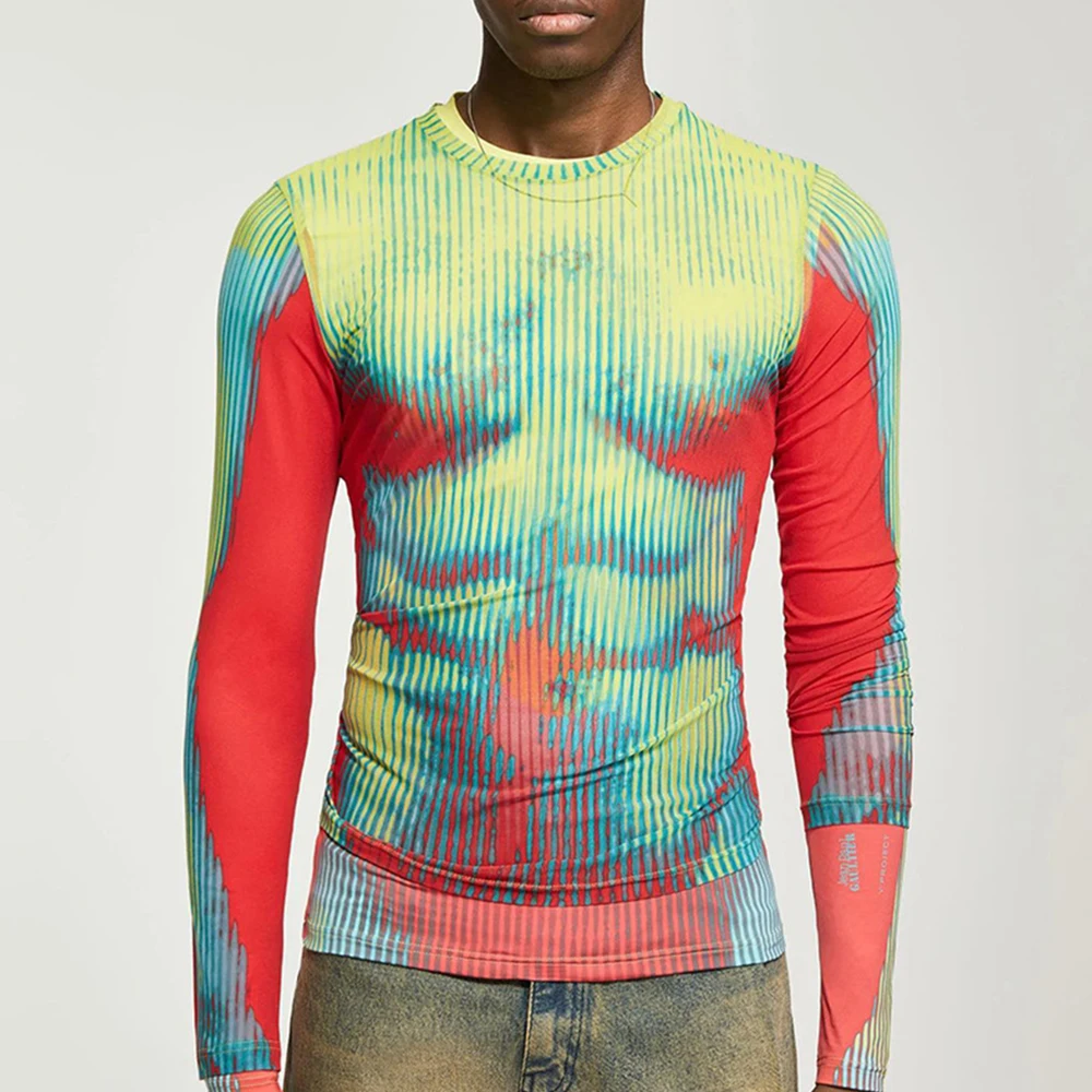 

2023 Fashion Tight Long-sleeved Sexy Top with Bottoming Shirt Men's New Tie-dye Elastic Round Neck T-shirt Street Trend Clothing