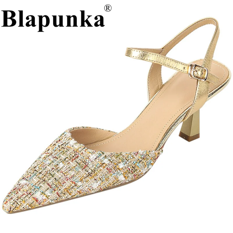 

Blapunka Luxury Brand Plaid Tweed High Heels Shoes Women Ankle Strap Buckle Gold Close Toe Sandals Elegant Ladies Summer Shoe 40
