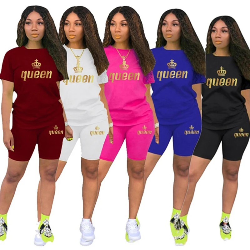 

Queen Printed Women Tracksuit Summer Solid Color Quick Dry T-shirt and Shorts 2 Pieces Set Fashion Casual Streetwear Female Suit
