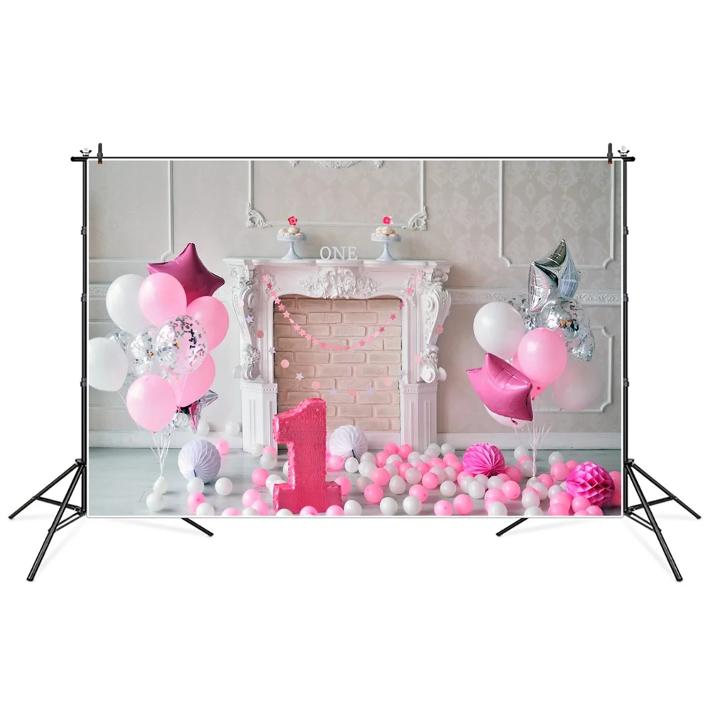 

1st Baby Birthday Party Decoration Photography Backdrops Pink European Wall Brick Fireplace Cake Balloon Photoshoot Backgrounds