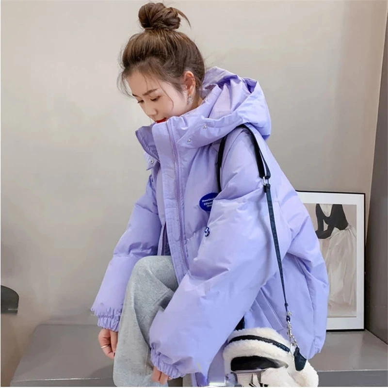 

Oversized Fashion Purple Hooded Jacket Women's Winter 2023 Loose Cotton padded Student Coat Thicken Warm Outerwear Female