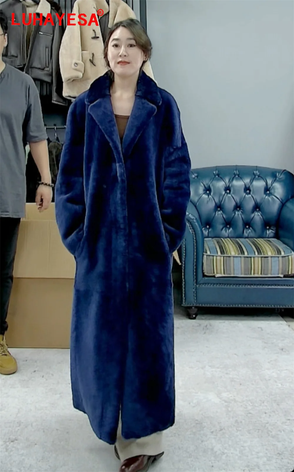 2024 удлиненное длина 124 см темно-синее австралийское из овчины мериноса мех