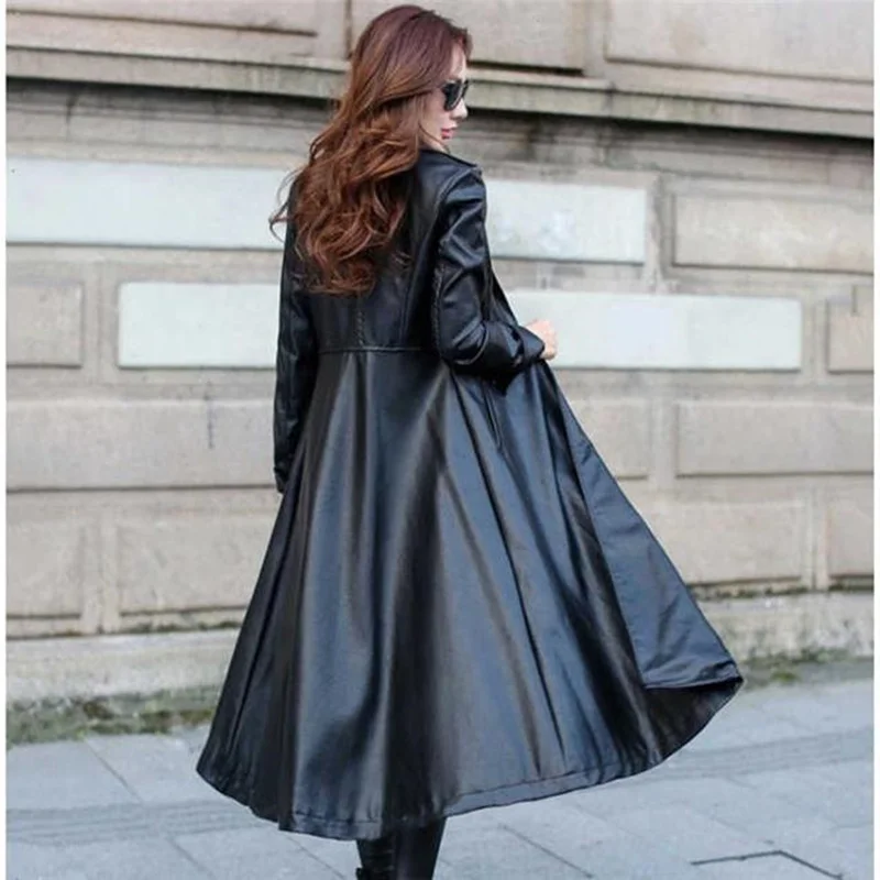 2023 Autumn New Fashion PU Leather Women's Windbreaker Slim Temperament Warm X long Jacket Trench Coat Black Red Clothes Tops enlarge