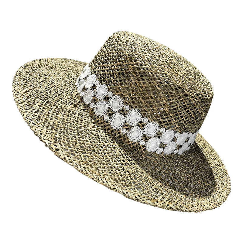 Natural Grasses 2022 Summer Straw Hat Women Lace Beach Cap Visor Protection Sun Hats Wide Brim Sunhat Chapeau Femme