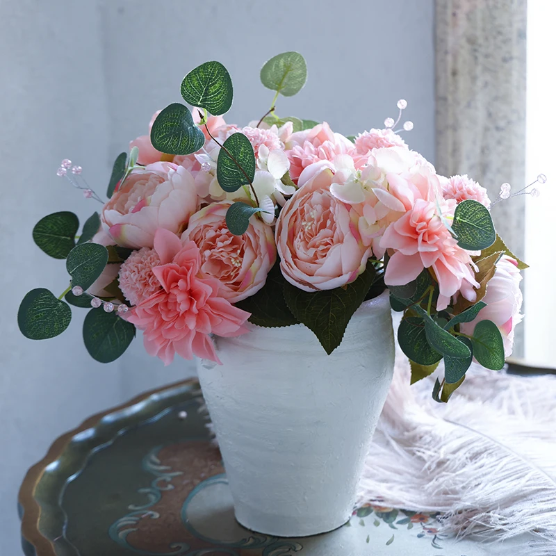 

PARTY JOY Artificial Peony Dahlia Flowers Bouquet for Bride Hander Wedding Party Home Table DIY Decor Fake Flowers