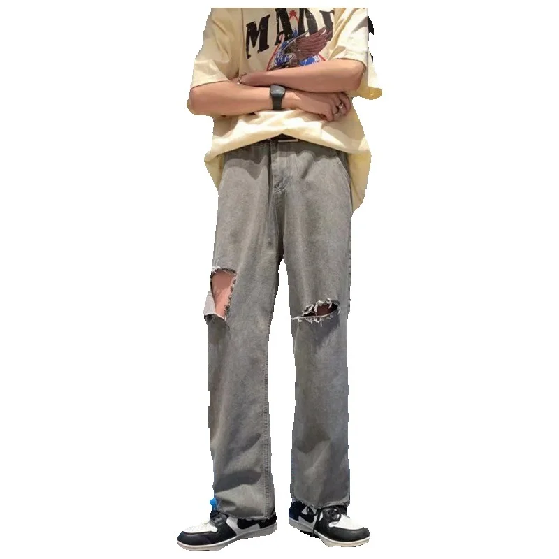 Summer Ripped Jeans Men's Fashion Casual Hole Wide Leg Jeans Men Streetwear Hip Hop Loose Straight Denim Pants Mens Trousers