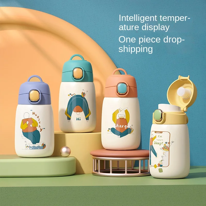 

ins intelligent children's thermal insulation cup 304 stainless steel cartoon bouncing tummy water cup female gift cup