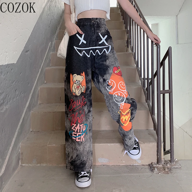 Large Size Casual Jeans for Women Spring and Autumn New Korean Street Graffiti Loose Daddy Wide Leg Trousers High Waisted Jeans