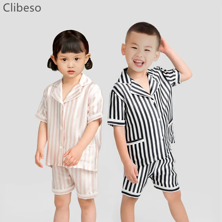 Spanish Boy Girl Pajamas Kid 2Pcs Sleepwear Set Toddler Mulberry Silk Stripe Shorts Tee Suit Brother and Sister Matching Clothes