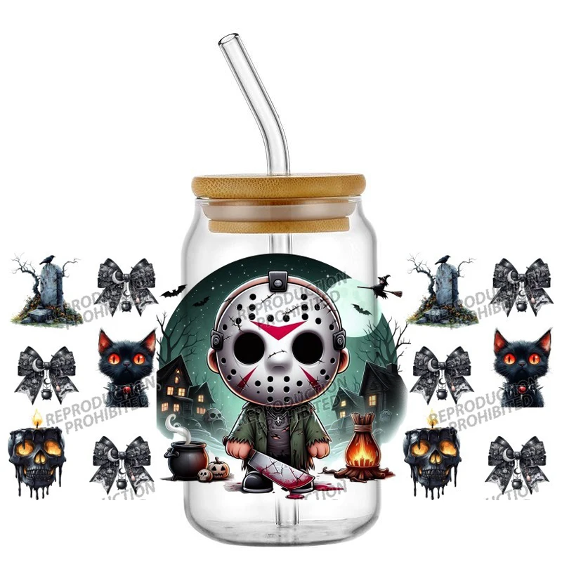 Фото Новые 3D-наклейки Mask Killer 16oz для стеклянных банок 16oz, УФ DTF-пленка для стаканов, 3D-серия «Ужас», переводные наклейки для телефонов, водонепроницаемые, для самостоятельного изготовления №2