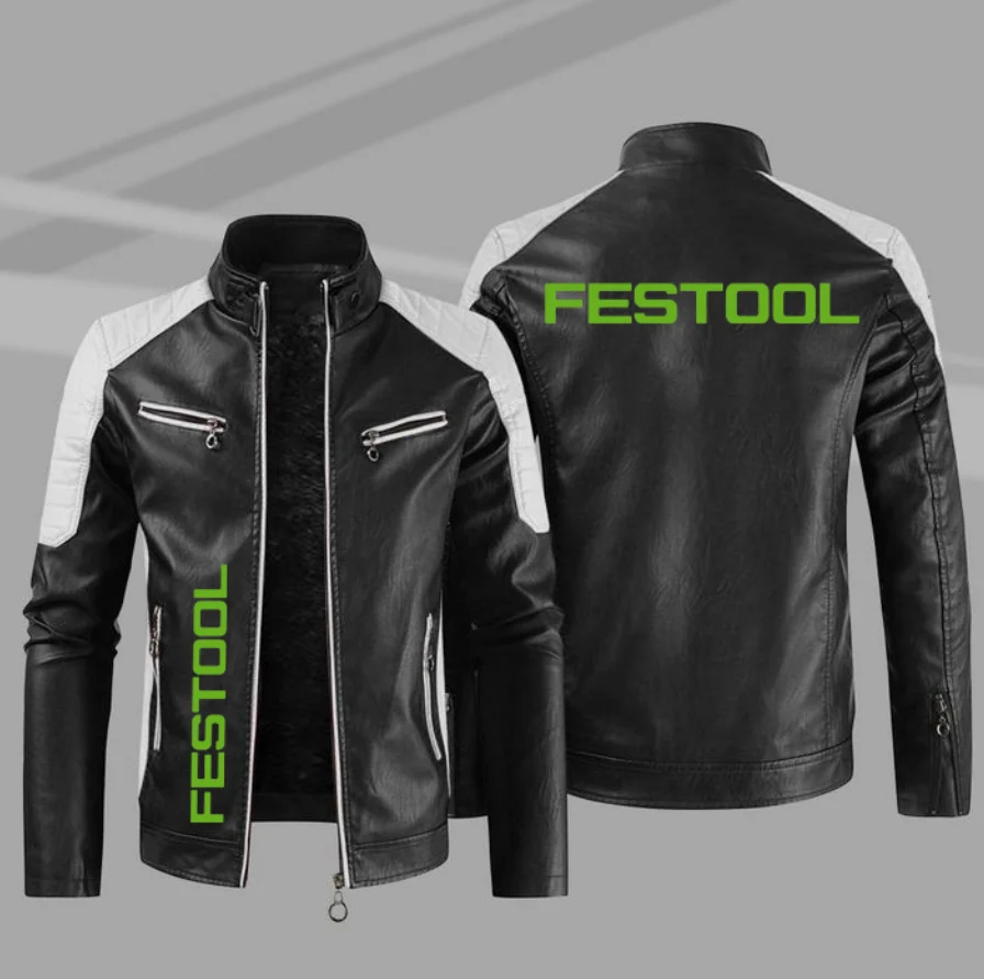 

FESTOOL Logo Men's Motorcycle PU Leather Jacket Winter Casual Vintage Overcoat Biker Bomber Zipper Fleece Jackets Male